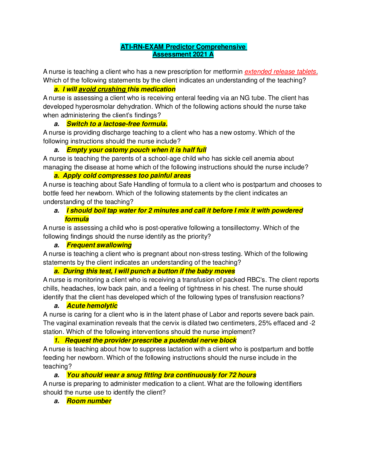 Preview image for ATI-RN-EXAM Predictor Comprehensive Assessment 2021 A ( ANSWERS HIGHLIGHTED IN YELLOW)